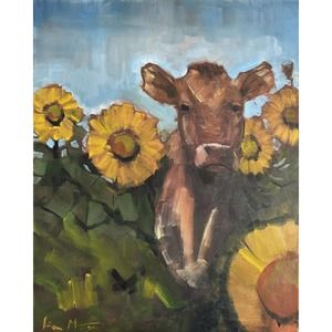 Original impressionist Farm Painting Cow Sunflowers 16x20 signed